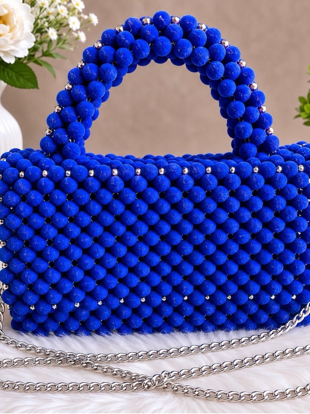 Royal Blue Beaded Mini Handbag with Silver Chain